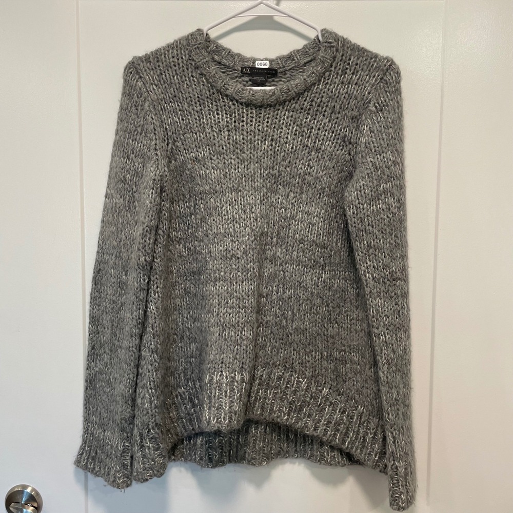 Armani Exchange Womens Grey Chunky Knit High Low Crew Neck Sweater Small
